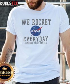 Funny We Rocket NASA Everyday T-Shirt featuring Kennedy Space Center design, perfect for space enthusiasts and casual wear.