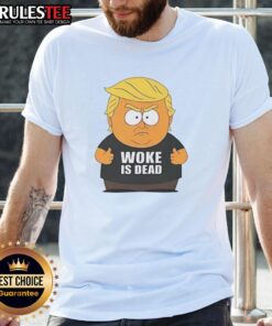 Funny Woke Is Dead Trump cartoon on South Park T-shirt, showcasing a political parody with vibrant colors and humor.