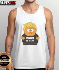 Funny woke is dead Trump cartoon on South Park parody tank top showcasing humorous political satire.