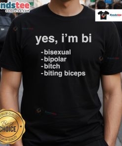 Alt Text: Funny 'Yes I'm Bi' T-Shirt featuring a playful design with a bisexual and bipolar theme, showcasing biceps biting humor.