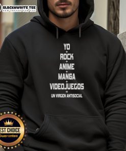 Funny Yo Rock anime manga videojuegos hoodie featuring a quirky antisocial virgin design for gamers and fans.