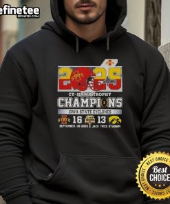 Good 2025 Iowa State Cyclones vs Hawkeyes Champs football helmet hoodie showcasing team spirit and rivalry.