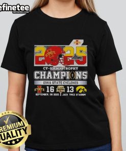 Alt Text: Good 2025 Iowa State Cyclones vs Hawkeyes Champs football helmet design on a ladies tee shirt.