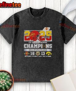 Alt Text: 2025 Iowa State Cyclones vs Hawkeyes Champs football helmet washed t-shirt showcasing team pride and style.