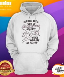 Girl wearing a 'Good Alarms Are A Form Of Discrimination Against Girls Who Are So Sleepy' hoodie, showcasing comfy style.