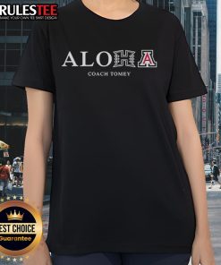 Good Aloha Coach Tomey Hawaii and Arizona Wildcats ladies tee showcasing vibrant team colors and logo design.