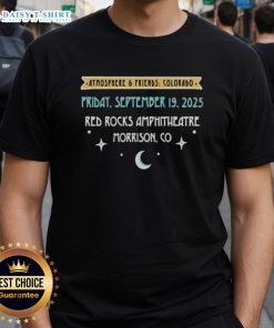 Friends enjoying a great atmosphere at Red Rocks Amphitheatre in Colorado, wearing 'Good Atmosphere' t-shirts, Sep 19, 2025.