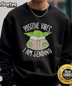 Cozy Good Baby Yoda sweatshirt with 'Positive Vibes' design, perfect for fans seeking comfort and style.