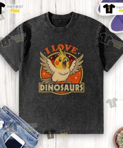 Alt Text: Good Bird Love Dinosaurs washed t-shirt featuring colorful dinosaur graphics on a soft fabric background.