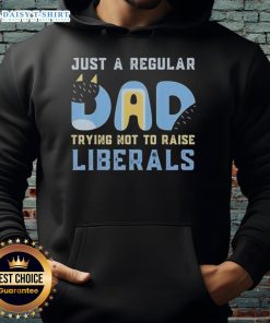 Good Bluey hoodie featuring 'Just a Regular Dad Trying Not to Raise Liberals' slogan, perfect for humorous parenting.