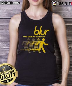 Alt Text: Woman wearing a 'Good Blur The Great Escape' tank top, showcasing a stylish design perfect for summer outings.