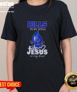 Good Buffalo Bills in My Veins, Jesus in My Heart graphic tee for football lovers, perfect for ladies' casual wear.