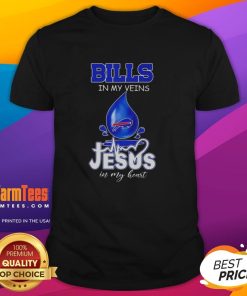 Buffalo Bills fan t-shirt featuring 'Good Buffalo Bills In My Veins Jesus In My Heart' design, perfect for football lovers.