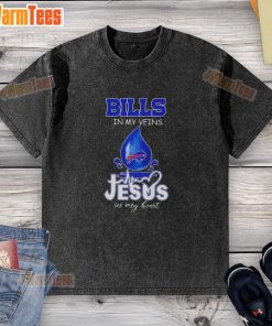 Alt Text: Good Buffalo Bills in My Veins Jesus in My Heart washed T-shirt for football lovers, featuring a vibrant design.
