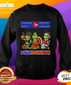 Happy HalloThanksMas sweatshirt featuring Canada Post X Grinch cosplay design, perfect for festive celebrations.