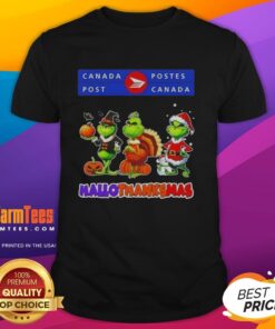 Good Canada Post X Grinch cosplay T-shirt for Hallothanksmas celebration, featuring festive graphics and a cheerful design.