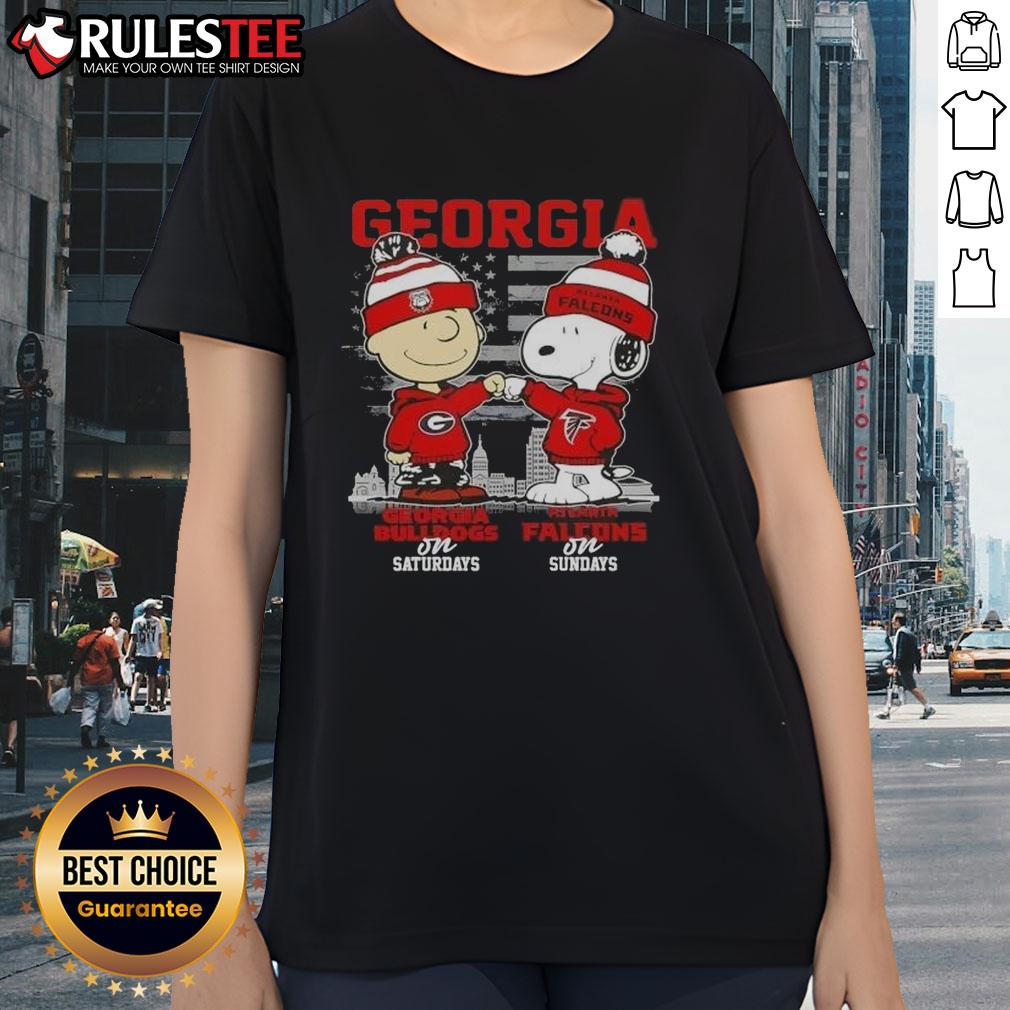 Good Charlie Brown Georgia Bulldogs on Saturdays x Snoopy Atlanta Falcons on Sundays Skyline Ladies-Tee Alt Text: Good Charlie Brown Georgia Bulldogs Saturdays x Snoopy Atlanta Falcons Sundays Skyline Ladies Tee design.