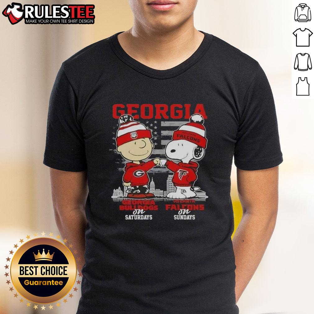 Good Charlie Brown Georgia Bulldogs on Saturdays x Snoopy Atlanta Falcons on Sundays Skyline T-Shirt Good Charlie Brown Georgia Bulldogs and Snoopy Atlanta Falcons skyline T-shirt for sports fans on game days.