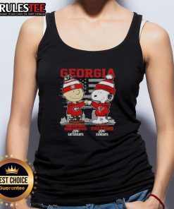 Alt Text: Good Charlie Brown Georgia Bulldogs tank top featuring Snoopy and Atlanta Falcons skyline design for sports fans.