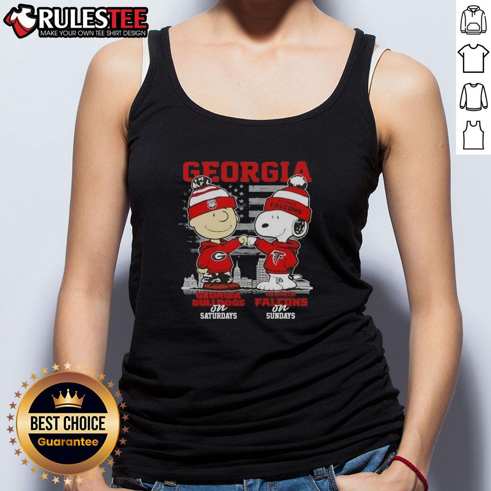 Good Charlie Brown Georgia Bulldogs on Saturdays x Snoopy Atlanta Falcons on Sundays Skyline Tank Top Alt Text: Good Charlie Brown Georgia Bulldogs tank top featuring Snoopy and Atlanta Falcons skyline design for sports fans.
