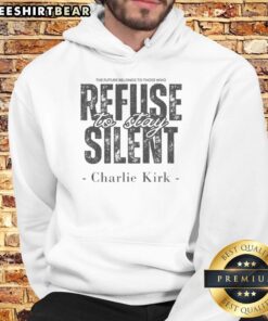 Charlie Kirk hoodie featuring the quote 'The Future Belongs To Those Who Refuse To Be Silent' in bold text.