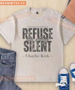 Good Charlie Kirk quote t-shirt: 'The future belongs to those who refuse to be silent' in bold, stylish print.