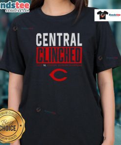 2025 Cincinnati Reds NL Central Division Champions ladies tee showcasing team pride and playoff spirit.