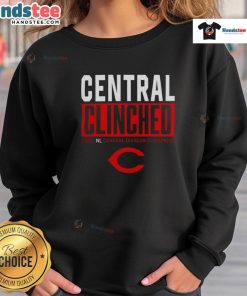 Cincinnati Reds 2025 playoffs clinched NL Central Division champions sweatshirt featuring team logo and vibrant colors.