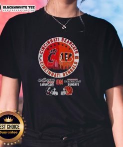 Good Cincinnati Sports Bearcats and Bengals football helmets on a Skyline Ladies Tee, perfect for game day attire.