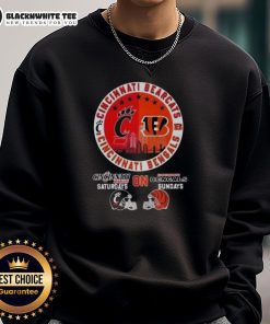 Cincinnati Sports sweatshirt featuring Bearcats and Bengals football helmets, perfect for game day.