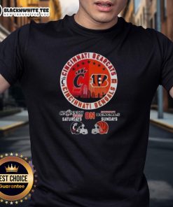Alt Text: Good Cincinnati Sports Bearcats Saturdays and Bengals Sundays football helmets design on a Skyline t-shirt.