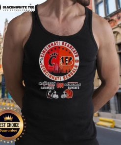 Alt Text: Cincinnati sports tank top featuring Bearcats and Bengals helmets, perfect for game day excitement.