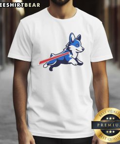 Alt Text: Retro style 'Good Corgi Buffalo Bills Football' T-shirt featuring a playful corgi graphic and team colors.