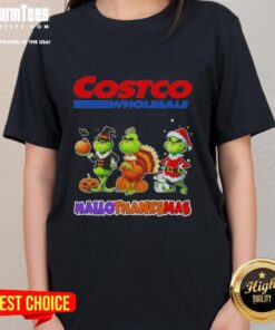 Happy HalloThanksMas ladies tee featuring the Grinch from Costco Wholesale, perfect for festive holiday cosplay.