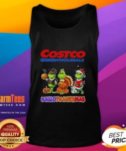 Happy HalloThanksMas tank top featuring Grinch cosplay from Costco Wholesale, perfect for festive celebrations.