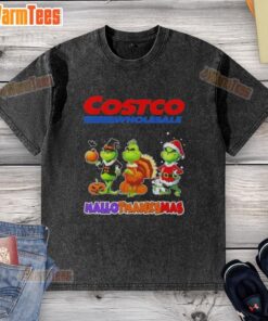 Happy HalloThanksMas washed t-shirt featuring the Grinch, perfect for Costco Wholesale cosplay celebrations.