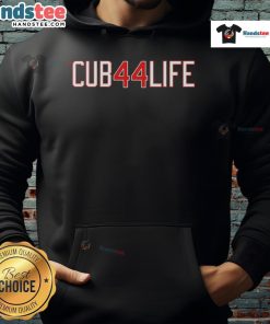 Anthony Rizzo wearing a Chicago Cubs hoodie featuring 'Good CUB44l LIFE' design, showcasing team spirit.