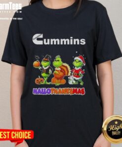 Good Cummins X Grinch cosplay tee for women celebrating Happy HalloThanksMas with festive design and vibrant colors.