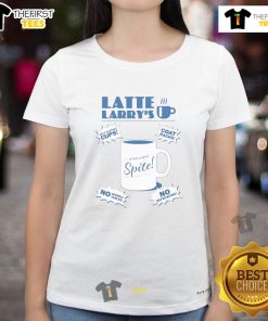 Good Curb Your Enthusiasm latte design on Larry's Ladies tee, featuring a humorous graphic and vibrant colors.