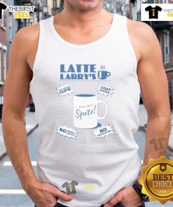 Larry David in a tank top enjoying a latte, inspired by 'Curb Your Enthusiasm' scene, humor and coffee culture.
