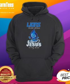 Detroit Lions hoodie with 'Good in my veins, Jesus in my heart' design, perfect for passionate football lovers.