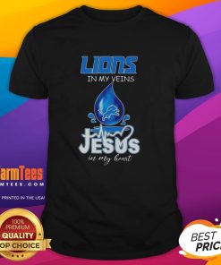 Good Detroit Lions In My Veins Jesus In My Heart t-shirt design for football lovers featuring drops of water.