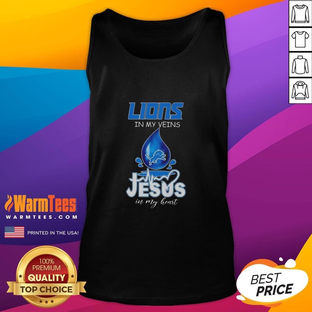 Good Detroit Lions In My Veins Jesus In My Heart Drops Of Water Football Lovers Tank Top Alt Text: Good Detroit Lions in My Veins Jesus in My Heart tank top for football lovers, featuring a stylish design.