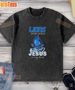 Good Detroit Lions In My Veins Jesus In My Heart T-Shirt for football lovers, featuring a washed design and vibrant colors.