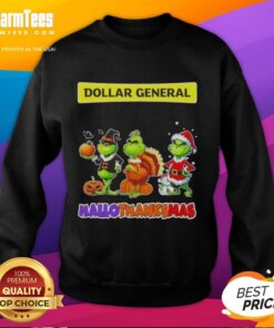 Alt Text: Good Dollar General X Grinch Cosplay Happy HalloThanksMas Sweatshirt featuring festive design for holiday celebrations.