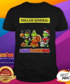 Good Dollar General X Grinch cosplay t-shirt for Hallothanksmas, featuring festive graphics and vibrant colors.