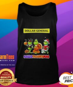 Good Dollar General x Grinch cosplay tank top for Happy HalloThanksMas featuring festive design and playful graphics.