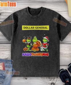 Happy HalloThanksMas washed t-shirt featuring Good Dollar General X Grinch cosplay design for festive holiday fun.