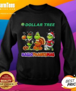 Alt Text: Good Dollar Tree X Grinch Cosplay Happy HalloThanksMas sweatshirt featuring festive design and vibrant colors.