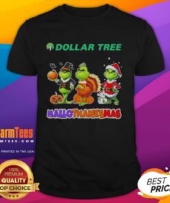 Good Dollar Tree X Grinch Cosplay Happy Hallothanksmas T-Shirt featuring vibrant graphics and festive design for holiday celebrations.